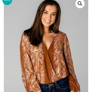 BuddyLove Bodysuits Womens Katrina Surplice Bodysuit Gold Burnt Orange